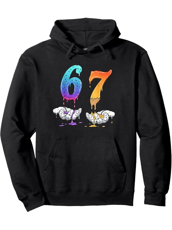 Whimsical 67 Drip Graphic Hoodie - Rainbow Skull Hand Ice Cream Number Black Pullover Sweatshirt