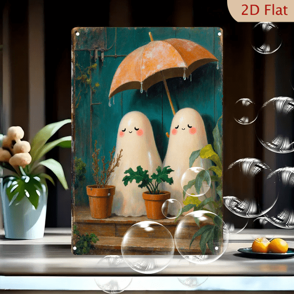 Whimsical 8x12 Inch Metal Wall Art, Cute Ghosts Under Orange Umbrella on Porch with Potted Plants, Painterly Teal Background, Soft Brushstroke Style Home Decor