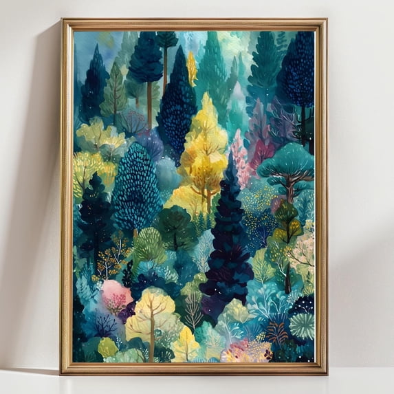 Whimsical Abstract Forest Wall Art Colorful Tree Landscape Fantasy Nature Home Decor, Unframed Paper Poster 16x20in