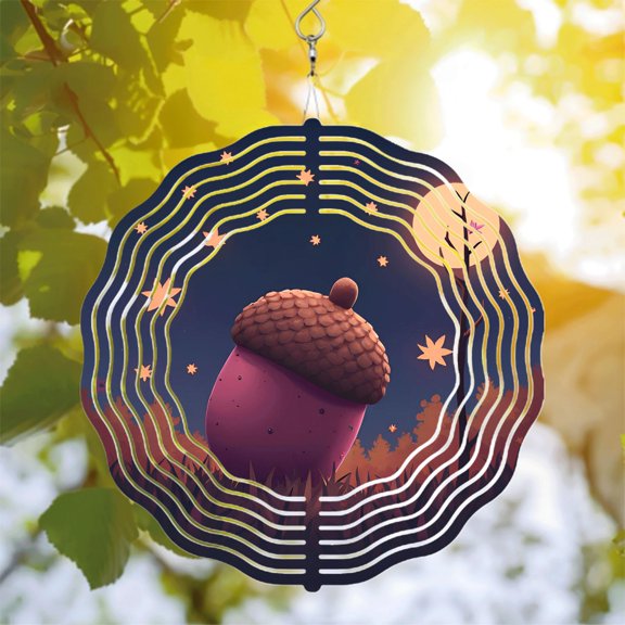 Whimsical Acorn Design Metal Hanging Wind Spinner & Chime - Starry Night Sky Decor for Yard & Garden Full Moon & Tree Silhouettes