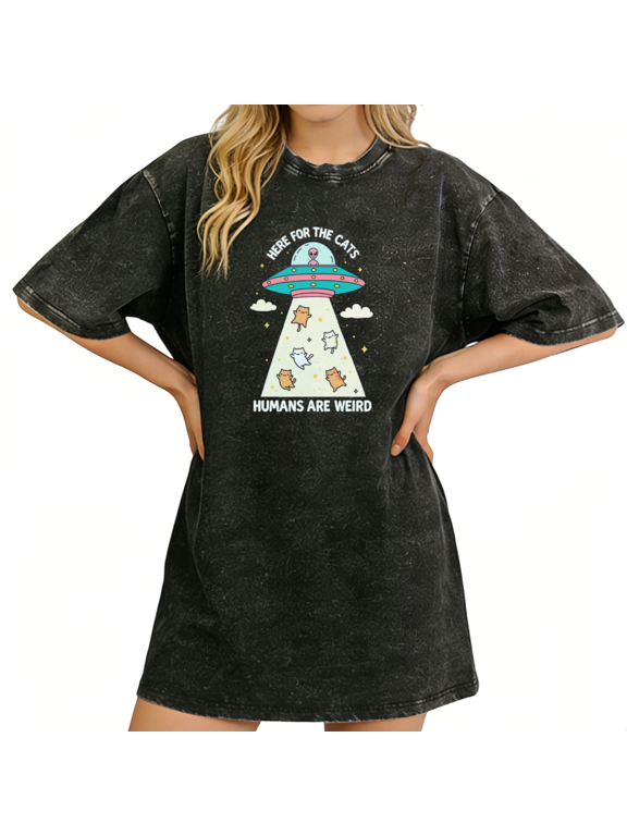 Whimsical Alien Cat Quote Washed Black Shirts Print Tshirt Graphic Tees Cosmic Vibe S-2XL Tops