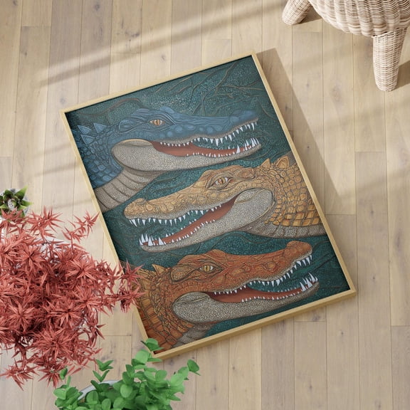 Whimsical Alligator Heads Wall Art, Bold Surreal Wildlife Decor, Unframed Canvas Size 16x24