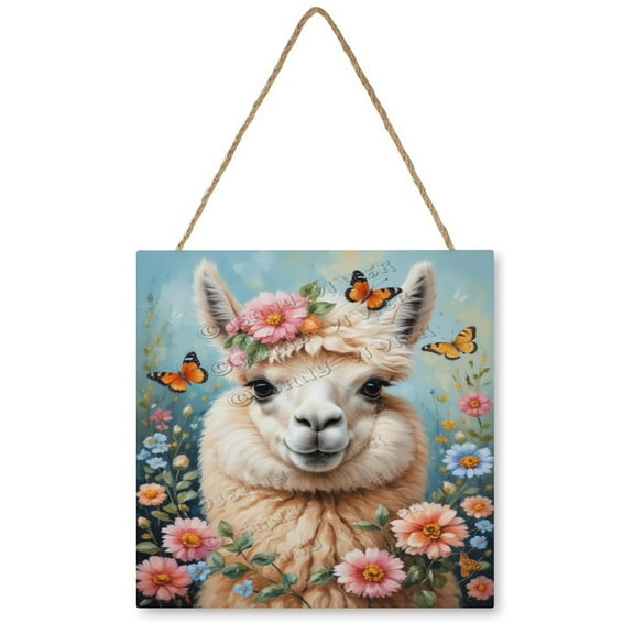 Whimsical Alpaca with Flowers Wooden Hanging Sign - Vintage Gift for Llama Lovers, Ideal for Kid's Rooms and Home Decor, 12"x12"