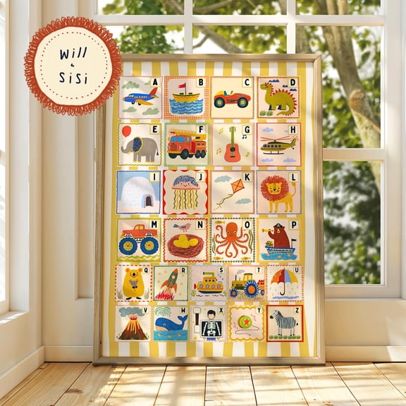 Whimsical Alphabet Nursery Art A to Z Kid Wall Print Playroom Learning Illustration Colourful Toddler Room Decor ABC Educational Poster (Unframed)