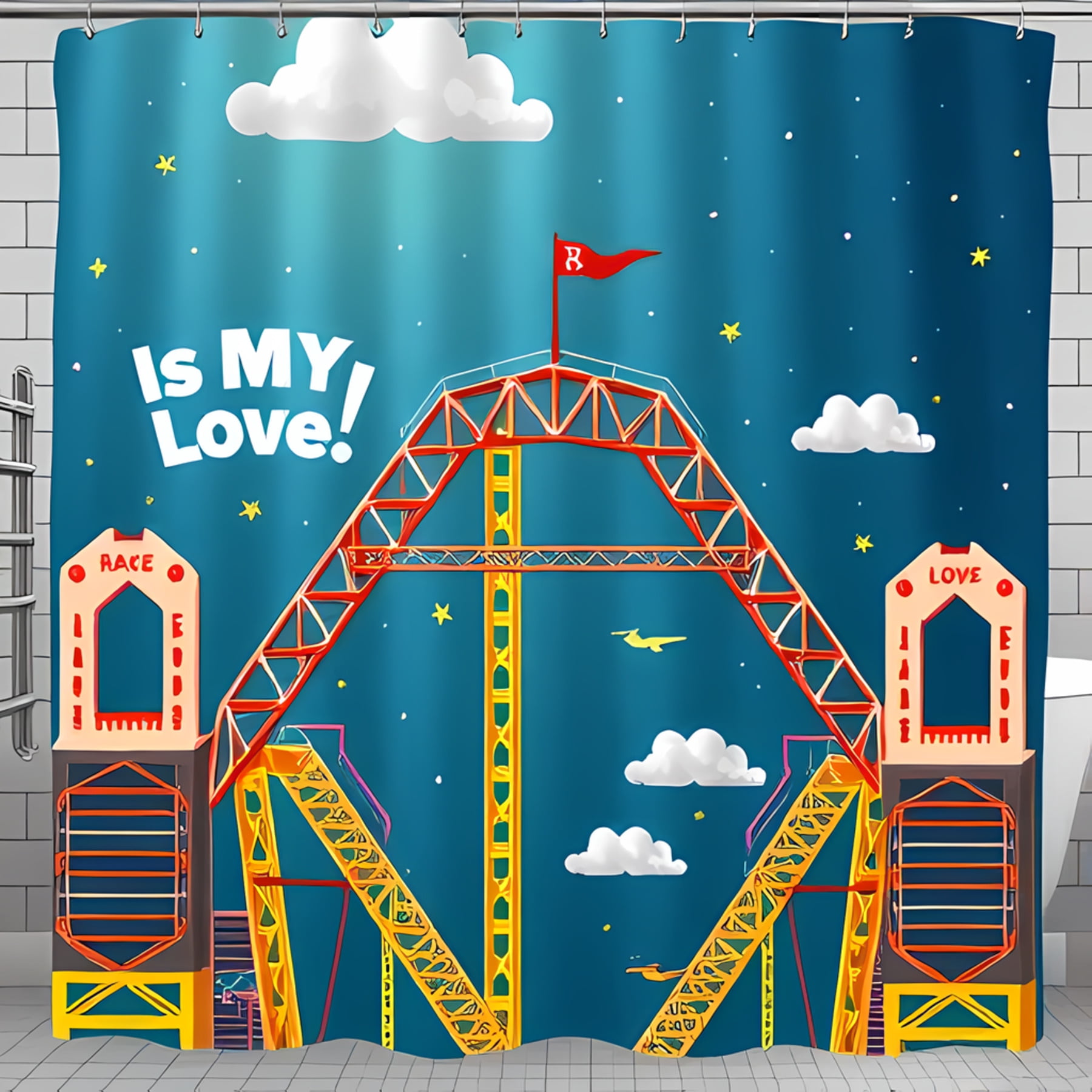 Whimsical Amusement Park Ride Shower Curtain - Retro Design with Stars ...