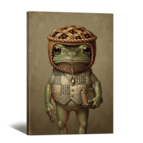 Whimsical Animal Canvas Wall Art, Frog with Pie Hat Book In Hand Print,Vintage Funny Artwork Interesting Picture Painting for Bathroom, Home, Living room Decor