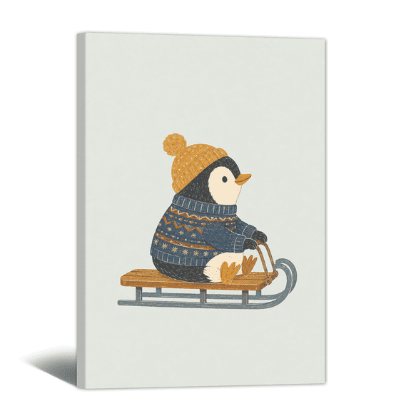 Whimsical Animal Canvas Wall Art Penguin Sledding Sports Picture Prints, Cute Nursery Artwork Paintings for Living Room Bedroom Kids Room Apartment Home Wall Decor
