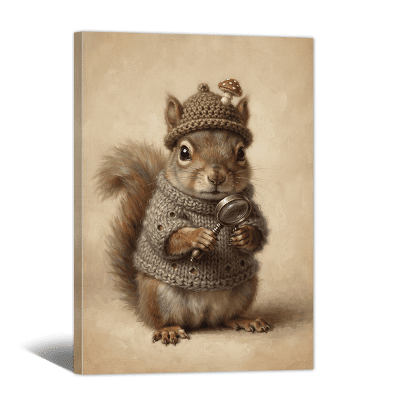 Whimsical Animal Canvas Wall Art, Squirrel Magnifying Glass In Hand Print,Vintage Funny Artwork Interesting Picture Painting for Bathroom, Home, Living room Decor