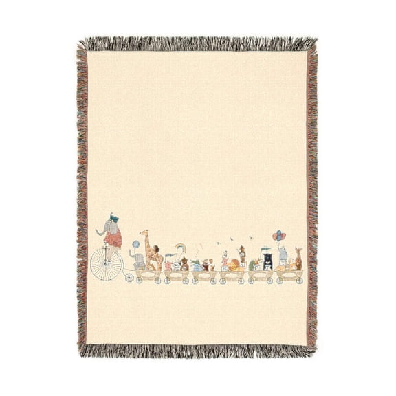 Whimsical Animal Parade Ivory and Sage Woven Blanket, 100% Cotton, Bicycle and Balloon Nursery Decor