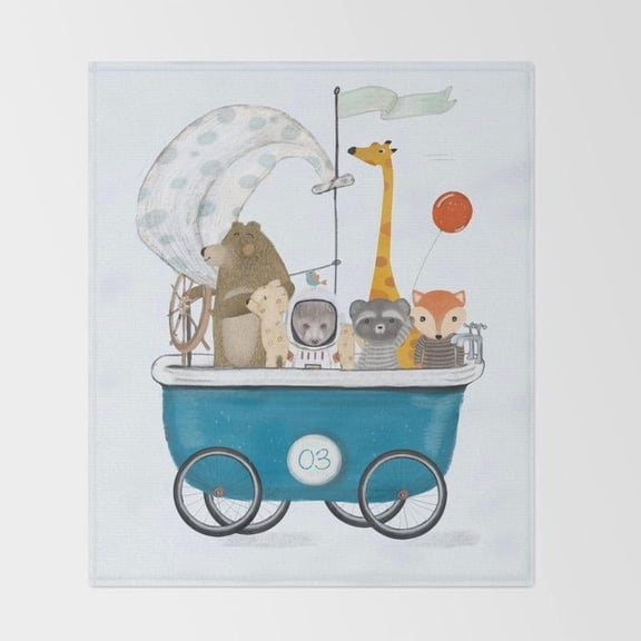 Whimsical Animal Parade Teal Carriage Fleece Blanket, Polyester Fleece Fabric, 280 GSM, Giraffe and Balloon Art