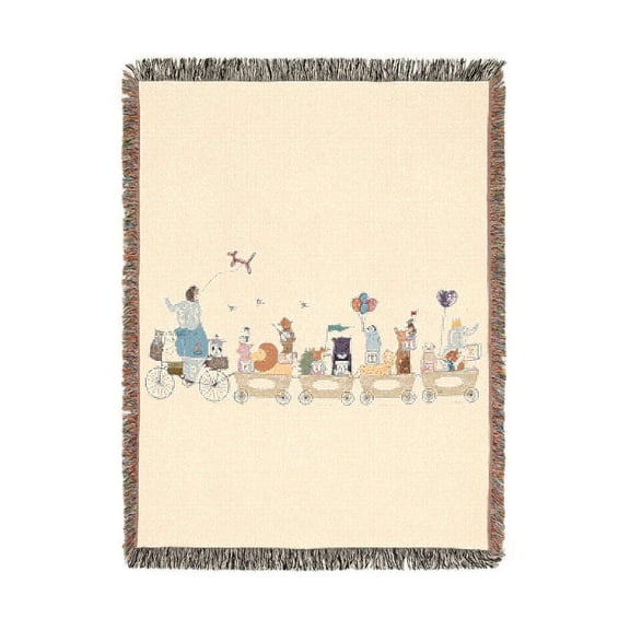 Whimsical Animal Parade in Cream and Muted Blue Woven Throw Blanket, 100% Cotton, Playroom Decor