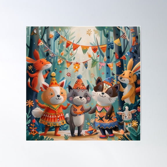 Whimsical Animal Party In The Forest Poster Wall Art, Modern Wall Decor For Living Room Bedroom, 17x17 UNFRAMED