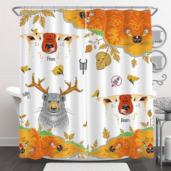 Whimsical Animal Shower Curtain Dog & Cat Design with Nature Elements