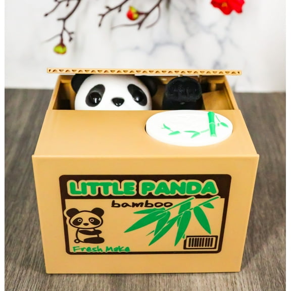 Whimsical Animated Hiding Panda Bear Coin Grabber Money Bank Box Sculpture