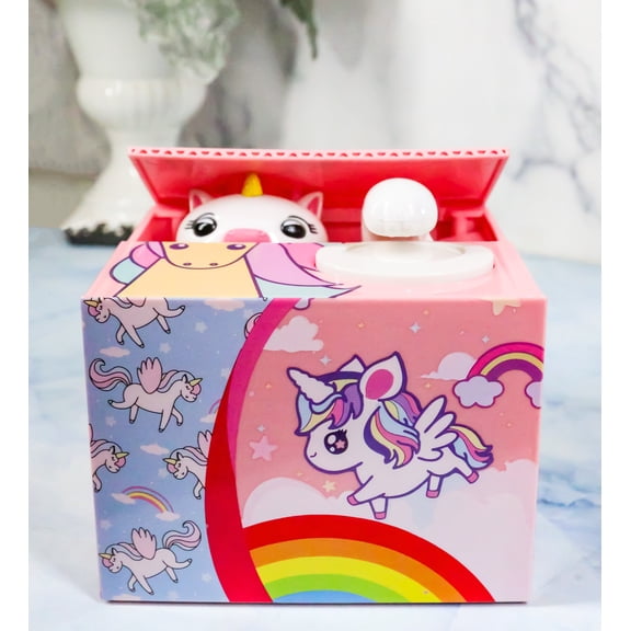 Whimsical Animated Rainbow Unicorn Horse Coin Grabber Money Bank Box Sculpture