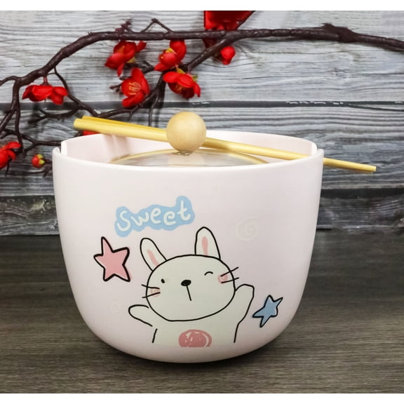 Whimsical Anime Sweet Rabbit Donburi Ramen Soup Bowl With Chopsticks And Lid