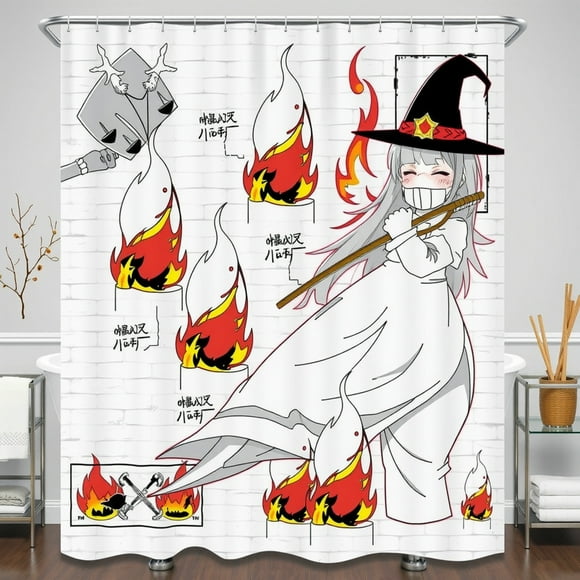 Whimsical Anime Witch Shower Curtain - Magic Flames & White Dress Design for Unique Bathroom Decor