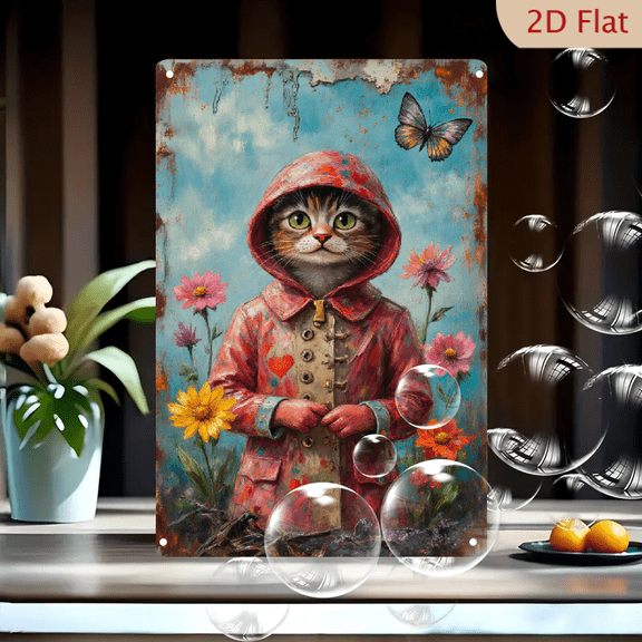 Whimsical Anthropomorphic Cat in Red Raincoat with Heart Details, Vintage Rusty Border Garden Scene, 8x12 Inches Metal Wall Art Print