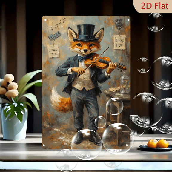 Whimsical Anthropomorphic Fox Violinist in Formal Concert Attire, Painterly Classical Art Style Wall Decor for Living Room, 8x12 Inches Metal Tin Sign