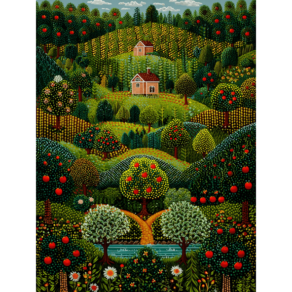 Whimsical Apple Orchard Canvas Print, Folk Art for Living Room, Farmhouse, Countryside Decor