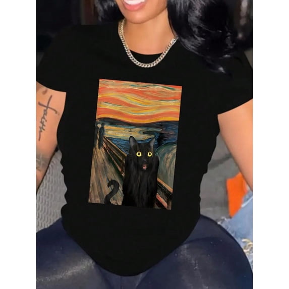 Whimsical Art - Parody Graphic Tee,Tops Feature a Modified Version of Edvard Munch's The Scream with a Black Cat, Round Neck Regular Fit T - shirts, Size(S - 5XL)