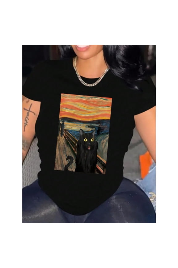 Whimsical Art - Parody Graphic Tee,Tops Feature a Modified Version of Edvard Munch's The Scream with a Black Cat, Round Neck Regular Fit T - shirts, Size(S - 5XL)