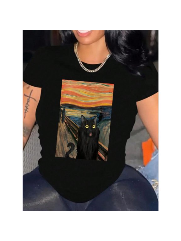 Whimsical Art - Parody Graphic Tee,Tops Feature a Modified Version of Edvard Munch's The Scream with a Black Cat, Round Neck Regular Fit T - shirts, Size(S - 5XL)