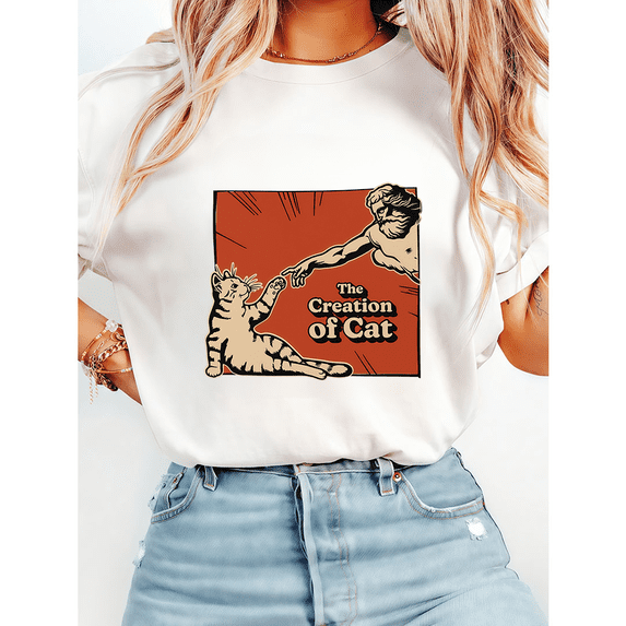 Whimsical Art The Creation of Cat Print Tshirts Famous Painting Parody Graphic Tees Funny Cat Lover Gift Short Sleeve Casual Tops White,5XL