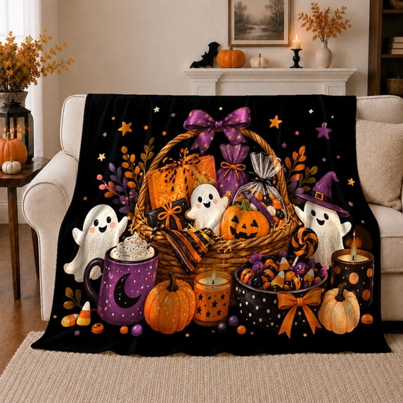 Whimsical Autumn Basket Print, Warm Flannel Blanket for Living Room and Family Room, Autumn Celebration Gift for Art Lovers, Festive Home Decor