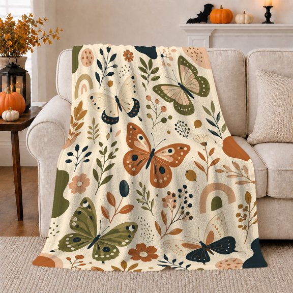 Whimsical Autumn Butterflies Botanical Motifs, Rustic Botanical Portrait, Warm Flannel Blanket for Sunroom and Reading Nook, Garden Lovers Thanksgiving Gift, Rustic Home Decor