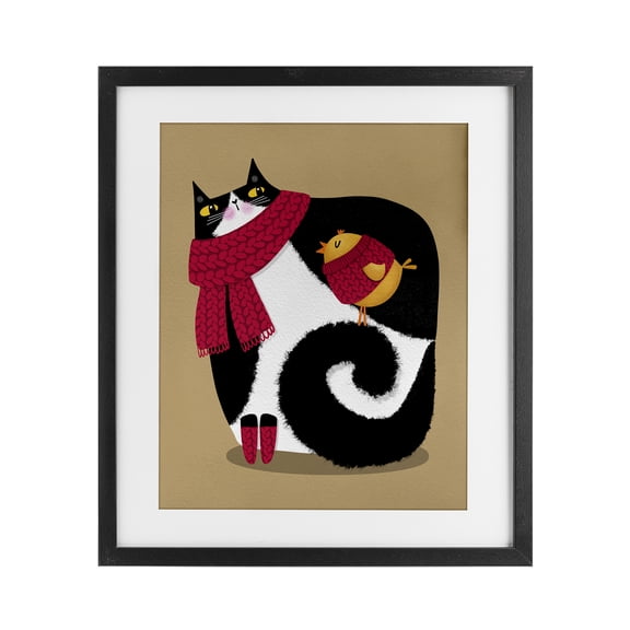 Stupell Industries Whimsical Autumn Cat & Bird Black Framed Print Under Glass, design by Gabriela Avila, 16 x 13