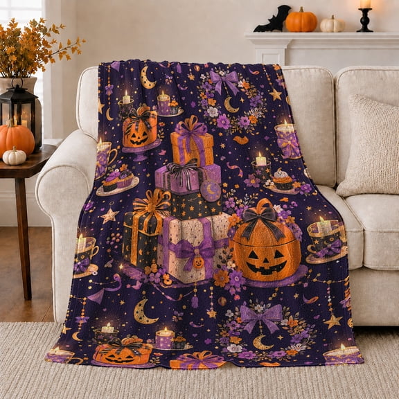 Whimsical Autumn Celebration Pumpkins and Boxes, Warm Flannel Blanket for Living Room and Family Room, Art Lovers Autumn Celebration Gift, Festive Home Decor
