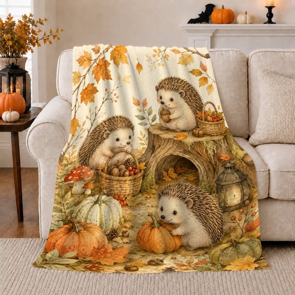 Whimsical Autumn Forest Hedgehog Scene Woodland Animal, Cozy Friendship Quote Scene, Warm Flannel Blanket for Living Room and Reading Nook, Art Lovers Thanksgiving Gift, Artistic Home Decor