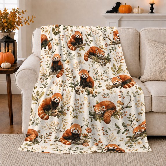 Whimsical Autumn Forest Red Pandas Branches Serene Watercolor, Cozy Botanical Garden Scene, Warm Flannel Blanket for Cabin and Lodge, Garden Lovers Thanksgiving Gift, Botanical Home Decor