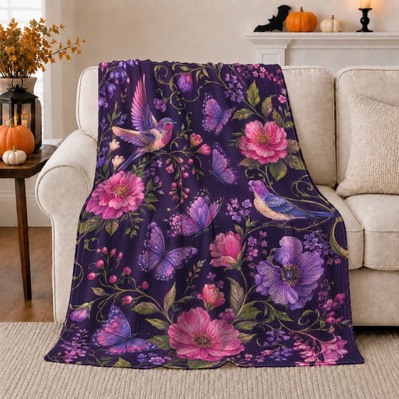 Whimsical Autumn Garden Purple Floral Butterfly, Festive autumn celebration Scene, Warm Flannel Blanket for Sunroom and Reading Nook, Art Lovers autumn celebration Gift, Festive Home Decor