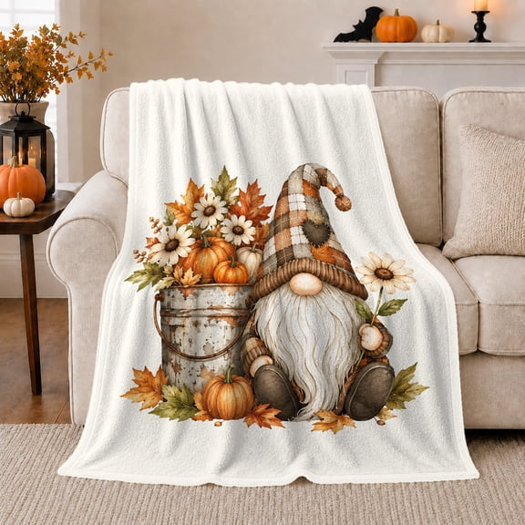 Whimsical Autumn Gnome Pumpkins Maple Leaves, Cozy Artistic Scene, Warm Flannel Blanket for Ranch House and Living Room, Animal Lovers Thanksgiving Gift, Artistic Home Decor