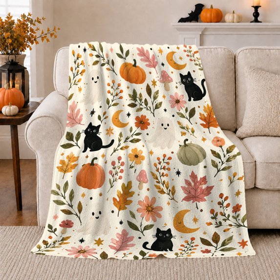 Whimsical Autumn Halloween Cats Ghosts, Playful Pet Portrait Pattern, Warm Flannel Blanket for Living Room and Reading Nook, Cat Lovers Halloween Gift, Pet Lover Home Decor