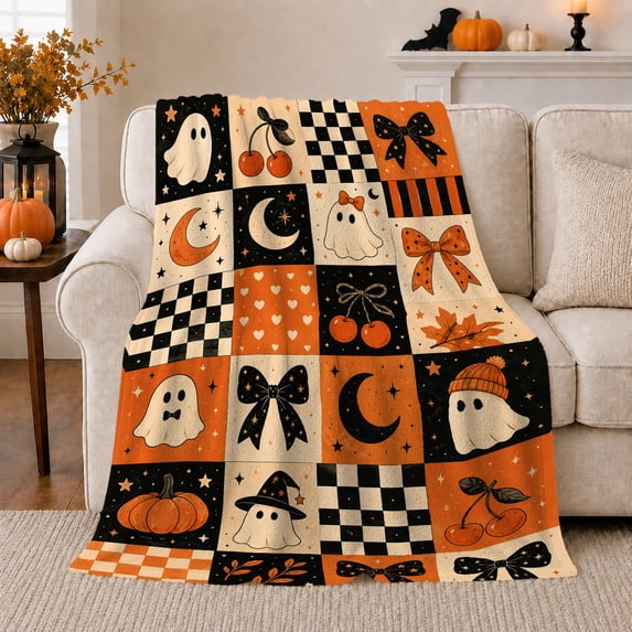 Whimsical Autumn Patchwork Grid, Festive Halloween Scene, Warm Flannel Blanket for Living Room and Family Room with Detailed Artwork, Art Lovers Halloween Gift, Festive Home Decor