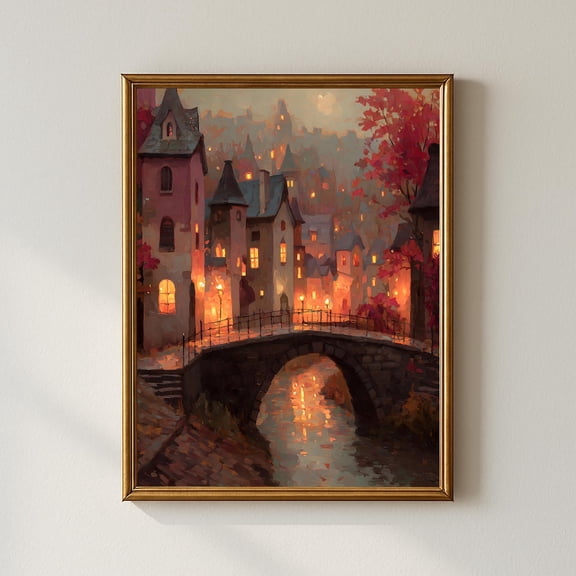 Whimsical Autumn Wall Art, Fairytale Village With Bridge And Glowing Lights, Cozy Cottagecore Fall Decor Home Decor #886, Stretched Canvas Size 12x18