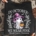 thumbnail image 1 of Whimsical Awareness Graphic Tee,Tops Has "IN OCTOBER WE WEAR PINK Breast Cancer Awareness" Text with Ghost in Witch Hat Design, Round Neck Regular Fit T - shirts, Size(S - 5XL), 1 of 5