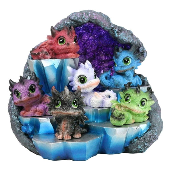 Whimsical Baby Dragons Mini Figurines With LED Faux Geode Crystal Display Set