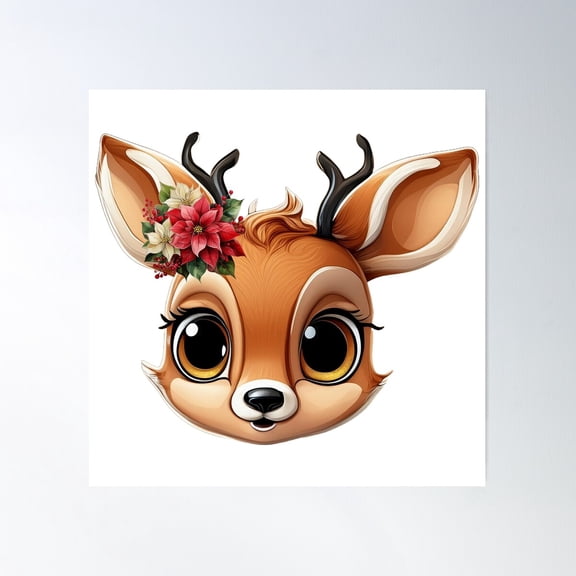Whimsical Baby Reindeer Face With Poinsettia Flowers Poster Wall Art, Modern Wall Decor For Living Room Bedroom, 17x17 UNFRAMED