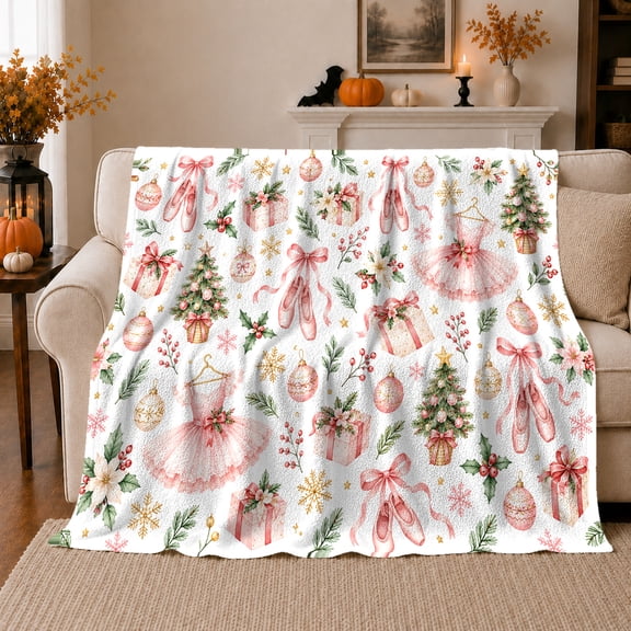 Whimsical Ballet Christmas Pointe Shoes Nutcracker Trees Living, Festive Holiday Scene, Warm Flannel Blanket for Living Room and Family Room, Art Lovers Christmas Gift, Festive Home Decor