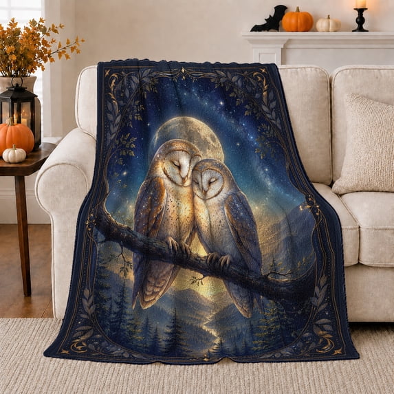 Whimsical Barn Owl Pair Starlit Branch, Festive Woodland Scene, Warm Flannel Blanket for Living Room and Family Room, Bird Lovers Christmas Gift, Festive Home Decor