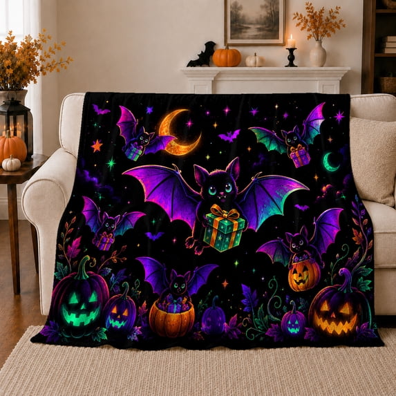 Whimsical Bat Holding Box, Festive autumn celebration Scene, Warm Flannel Blanket for Living Room and Bedroom with Detailed Artwork, Art Lovers autumn celebration Gift, Fantasy Home Decor