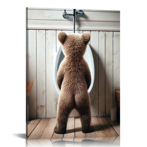 Whimsical Bear Bathroom Canvas Art Print, Wall Decor for Home, Bedroom, Living Room, Framed Poster Board, Creative Wild Animal Artwork for Hotel, Cafe, Office Restroom