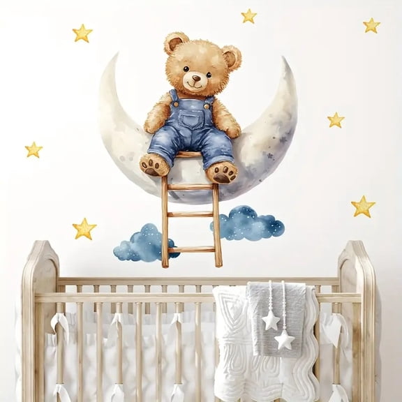 Whimsical Bear Moon Wall Art Sticker - Self-Adhesive PVC Decor for Bedroom, Living Room, Entryway, and Porch