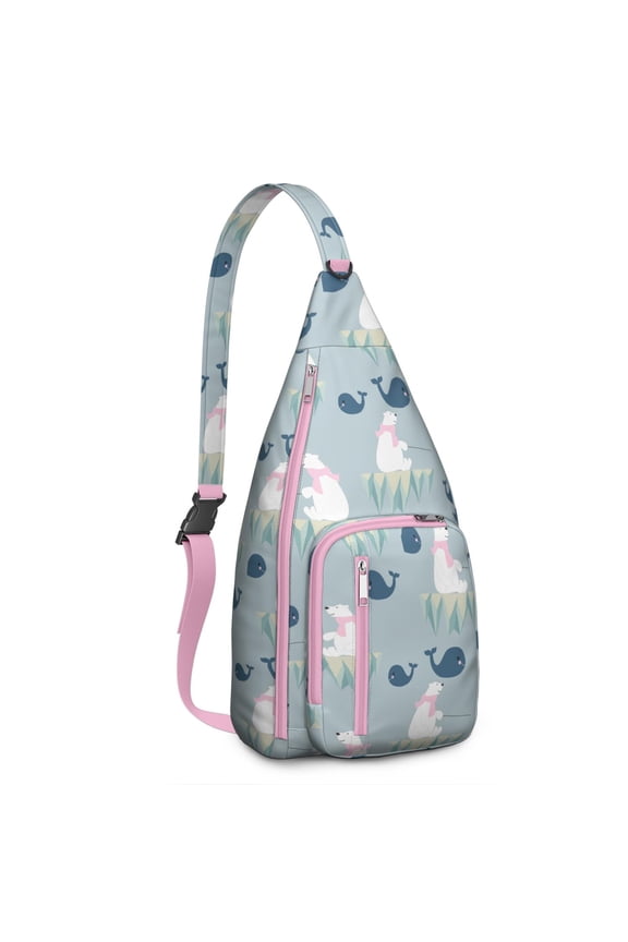 Whimsical Bear Sling Backpack - Cute Brown Bear Design Crossbody Bag (Winter Forest Pattern, Breathable Mesh Back Panel)