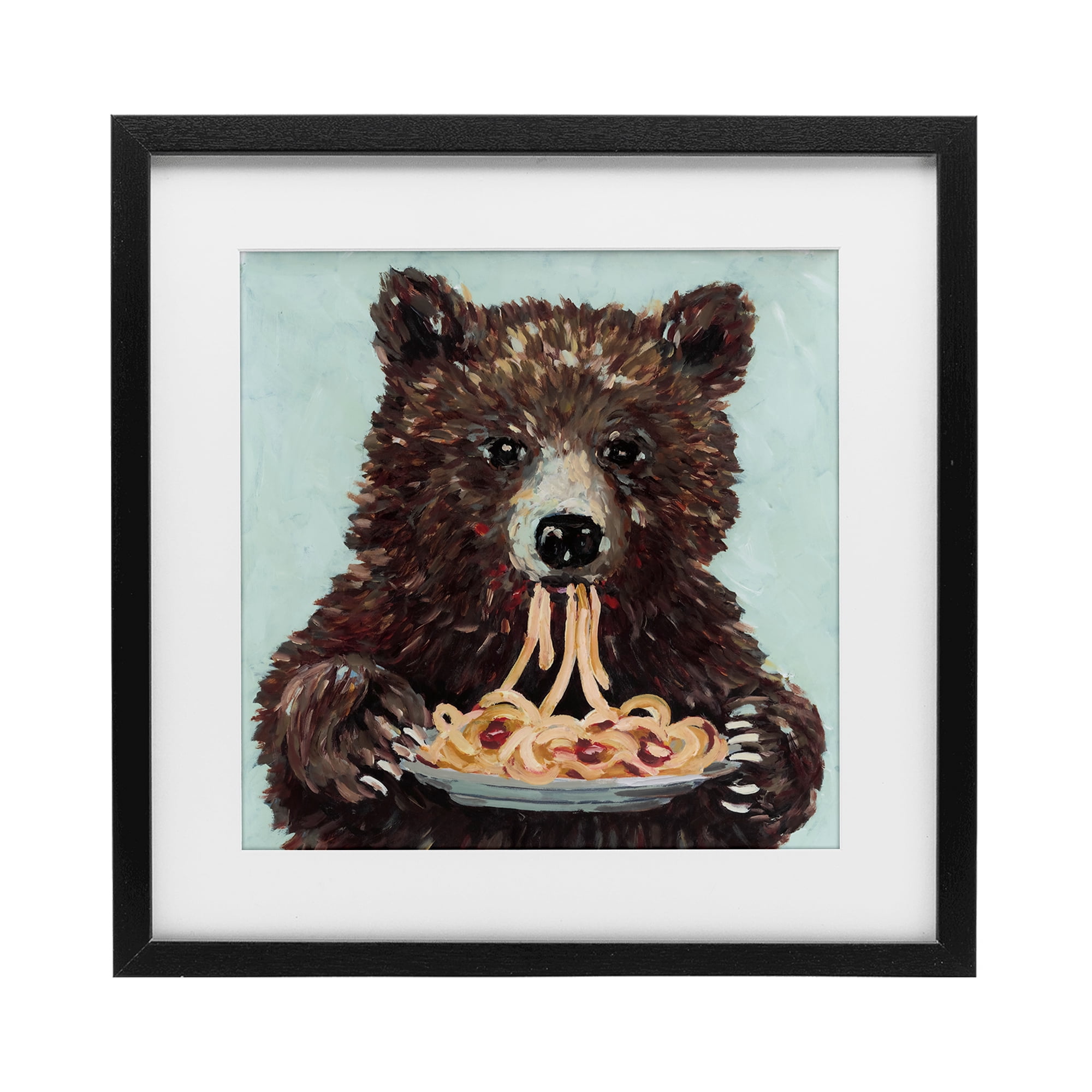 Whimsical Bear & Spaghetti Black Framed Print Under Glass, design by Studio Bautista