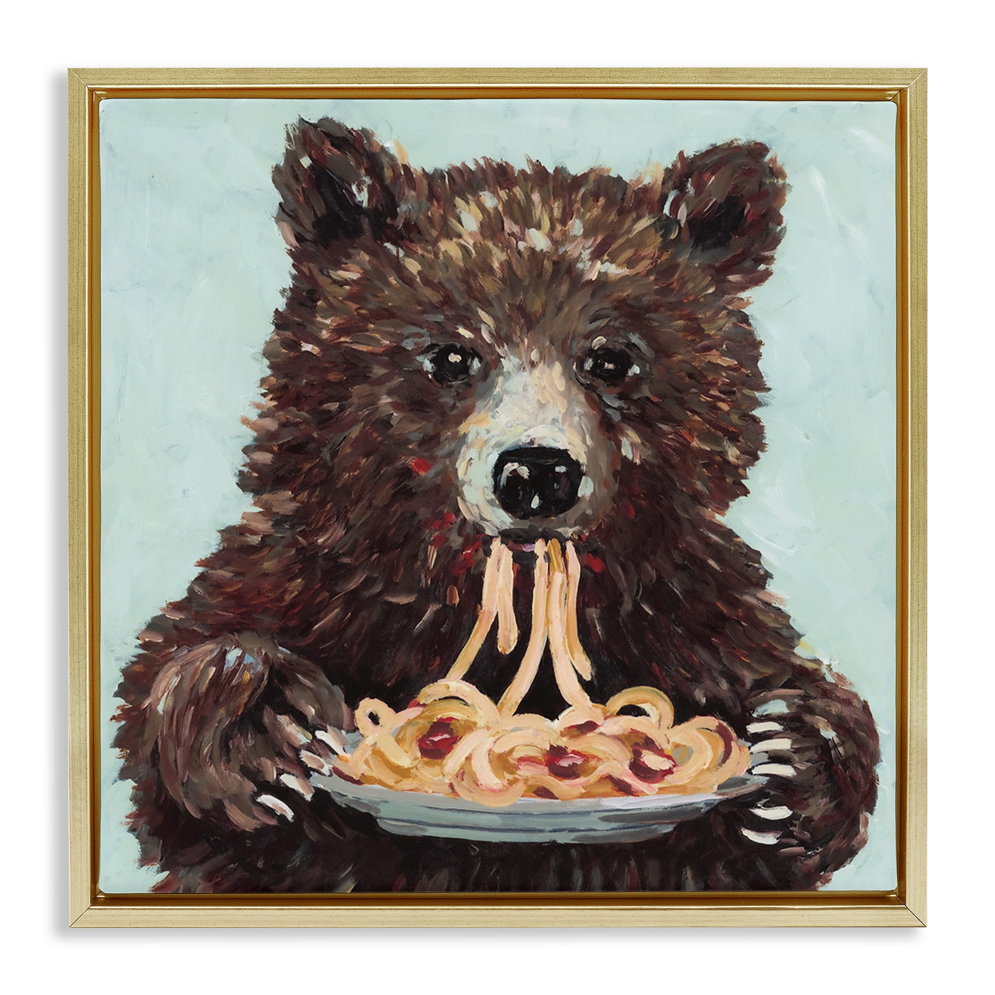 Whimsical Bear & Spaghetti Gold Framed Floater Canvas Wall Art, design by Studio Bautista